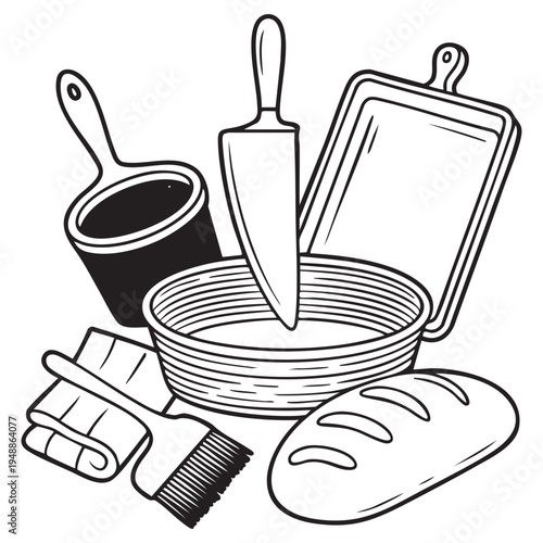 Black and white of baking tools including a knife, brush, bread, and pan
