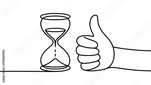 minimalist continuous line drawing of hourglass with thumbs up time success concept simple outline vector illustration isolated