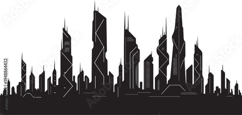 Black city skyline vector illustration, modern skyscrapers silhouette
