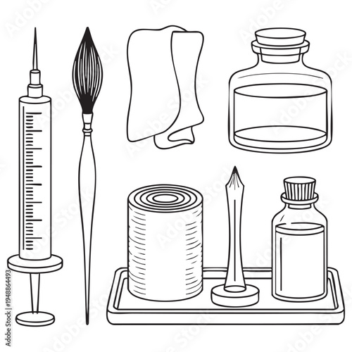 Black and white of medical tools including syringe, brush, thread, and bottles