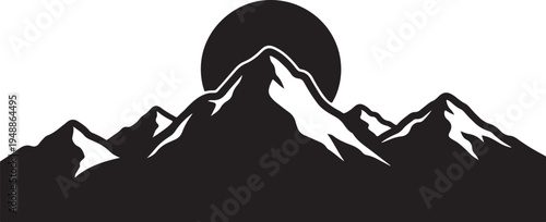 Vector mountain range silhouette with sun