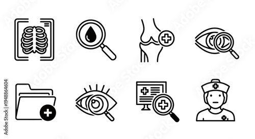 Set of medical and diagnostic icons featuring X-ray anatomy, doctor and eye symbols for healthcare graphics.