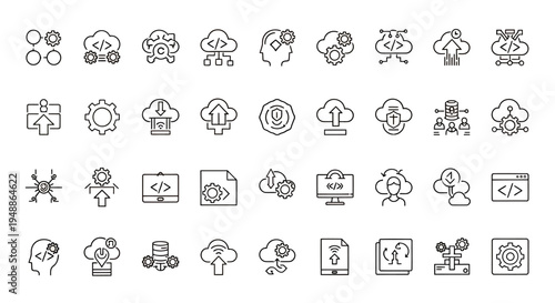 Collection of line icons featuring plants, trees, flowers and nature elements in a simple outline style.