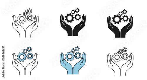 Iconic Hands Supporting Gears in a Graphic Collaboration Concept.