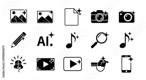 Collection of diverse black and white UI icons for design projects and media assets.