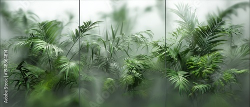 Tranquil background of plant silhouettes behind textured glass, bringing a touch of the tropics indoors, suitable for home decor, blogs, or office spaces.