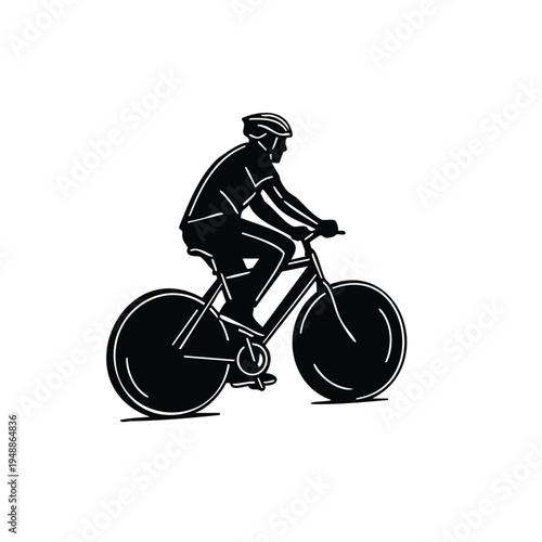 Silhouette man riding bicycle wearing helmet isolated on white background