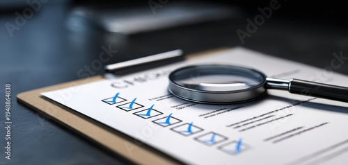The magnifying glass over a checked checklist on a clipboard