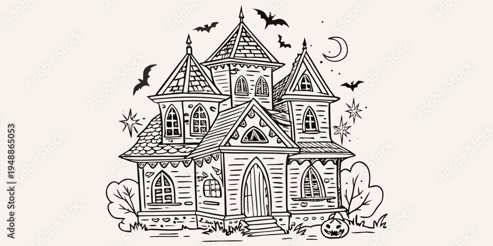 Fototapeta premium A spooky hand drawn haunted house illustration with bats and a crescent moon