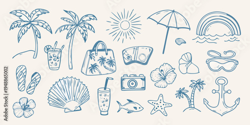 A collection of hand drawn summer and beach themed illustrations