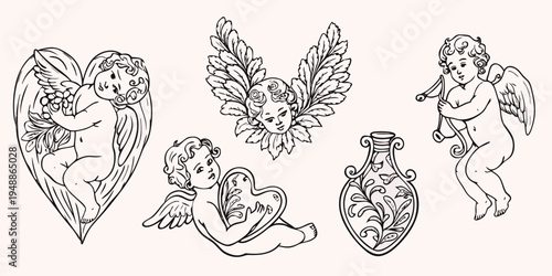 Vintage cherubic illustrations with floral elements and decorative vase