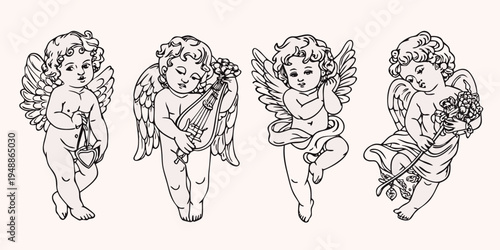 Four vintage cherubic angels with wings and floral elements in a sketch