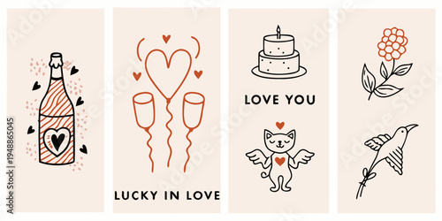 Romantic illustrations champagne hearts cake and loving animal motifs