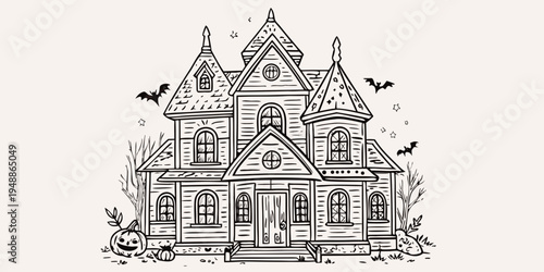 Detailed sketch of a spooky haunted house with bats and pumpkins