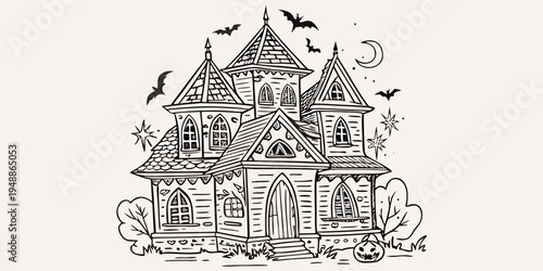 A spooky hand drawn haunted house illustration with bats and a crescent moon
