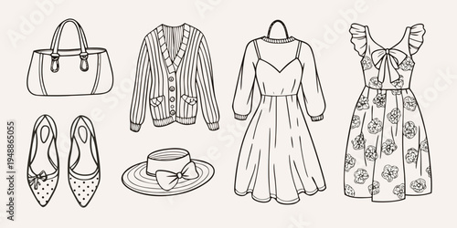 Fashion illustration featuring clothing shoes and accessories in black and white