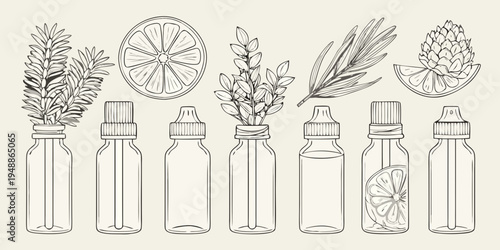 Botanical illustration featuring herbs citrus and apothecary bottles