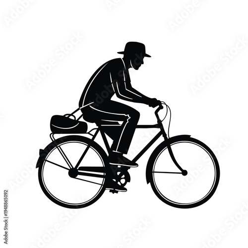 Silhouette man riding classic bicycle with hat and rear luggage bag