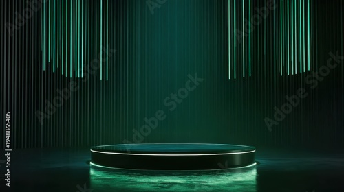 A sleek black podium set against a deep emerald green background illuminated by a focused spotlight, creating a luxurious and mysterious ambiance for exclusive product presentations.