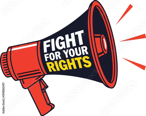 Bold red and black vector graphic illustration of a megaphone loudly broadcasting the urgent message fight for your rights now