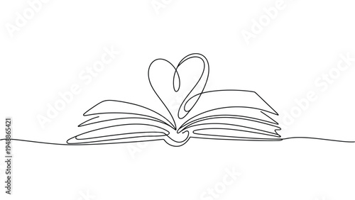 minimalist continuous line drawing of open book with heart shape love for reading concept simple outline vector illustration isolated