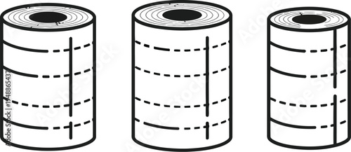 Three simple black and white vector graphic illustrations depicting rolls of perforated paper towel or tissue products ready for dispensing