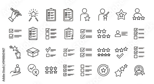 Collection of outline icons featuring people, objects, and actions for interface design and UI projects.