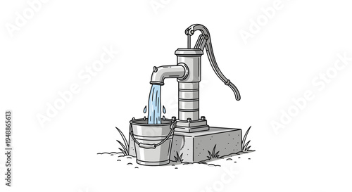Vintage Hand Water Pump with Water Pouring into Metal Bucket on Isolated White Background