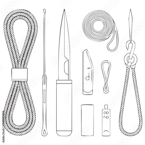 Set of climbing gear including ropes, carabiners, and a knife climbing equipment
