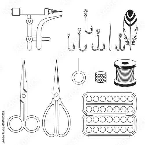 Set of fishing tools and accessories including scissors, hooks, bobber, and spool of thread