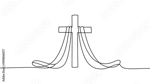 minimalist continuous line drawing of christian cross with cloth faith religion spirituality concept simple outline vector illustration