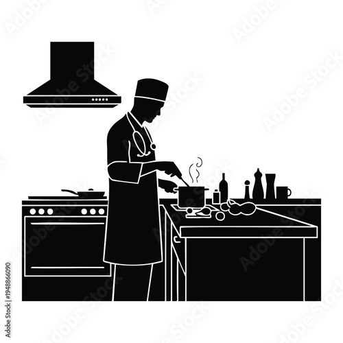 Silhouette of chef cooking food in kitchen, illustration
