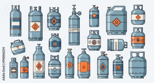 Collection of Gas Cylinders with Hazard Labels for Industrial Use.