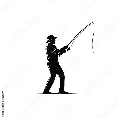 Silhouette of fisherman casting rod with bent fishing pole