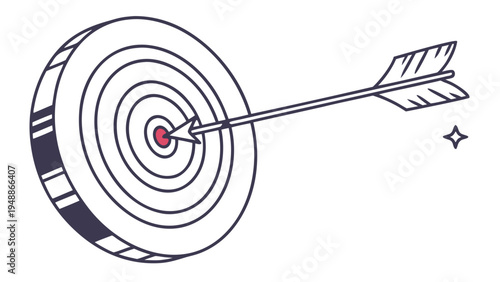 Arrow Hitting the Center of an Archery Target,  Line art illustration of an arrow hitting the exact center bullseye of an archery target from a 3/4 angle.