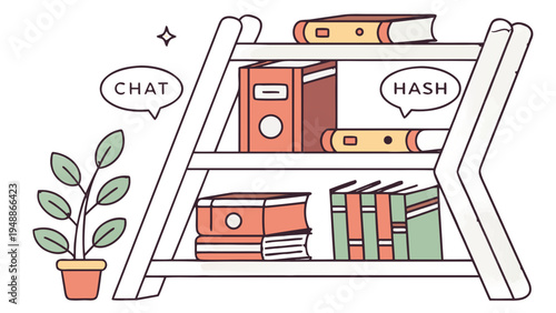 Modern Styled Library Shelf with Chat and Hash Speech Bubbles, line art illustration of an open bookshelf with books, a plant, and speech bubbles labeled "CHAT" and "HASH"