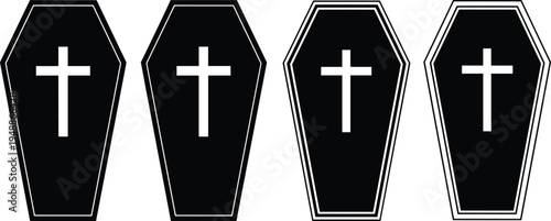 Coffin icon collection with Christian cross symbols vector illustration representing funeral service, burial ceremony and memorial concept