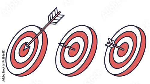 Three Targets in Row With Arrows Hitting Bullseyes,  Line art illustration of three archery targets in a row, each with an arrow hitting the bullseye from a different starting angle.