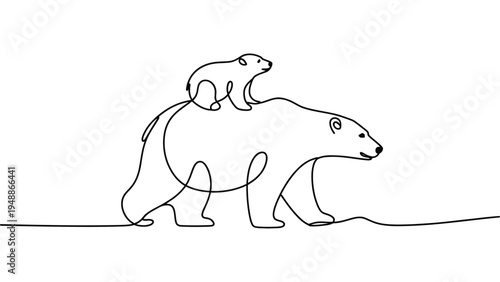 minimalist continuous line drawing of polar bear with cub wildlife arctic animal concept simple outline vector illustration isolated