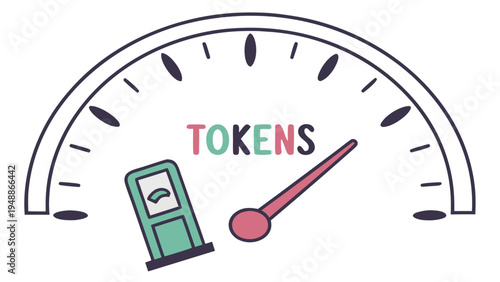 Token economy: speedometer gauge for usage tracking with gas pump icon, vector art,  A vector illustration of a speedometer-style gauge. The dial has black and purple tick marks. A red needle points 
