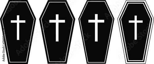 Coffin icon set with Christian cross symbols vector illustration representing funeral, burial, mourning and memorial concept design