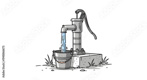 Old Vintage Hand Water Pump Drawing Water into a Metal Bucket, Rural Water Supply on Isolated White Background