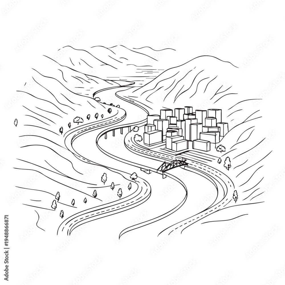 Obraz premium Mountain Village Landscape Line Art Illustration