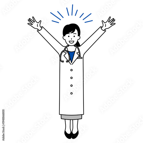 バンザイで喜ぶ医師の女性（全身）