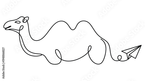 minimalist continuous line drawing of camel with paper airplane desert travel concept simple outline vector illustration isolated
