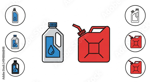 Containers for Liquids - Plastic Bottles and a Red Gas Can.