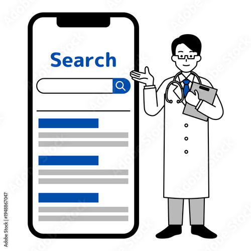 大きいスマートフォンで検索を案内する医師の男性