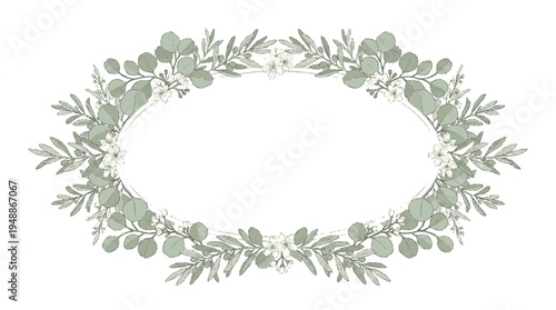 Elegant botanical oval wreath frame with green leaves and flowers on white background for decoration and design