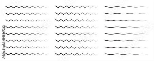 Wave zigzag line simple thin to thick element decor design vector or single ripple curve zig zag wiggly separator pictogram graphic for seal water or ocean symbol, wavy pattern . eps10