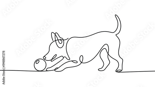 minimalist continuous line drawing of playful dog with ball pet animal activity concept simple outline vector illustration isolated